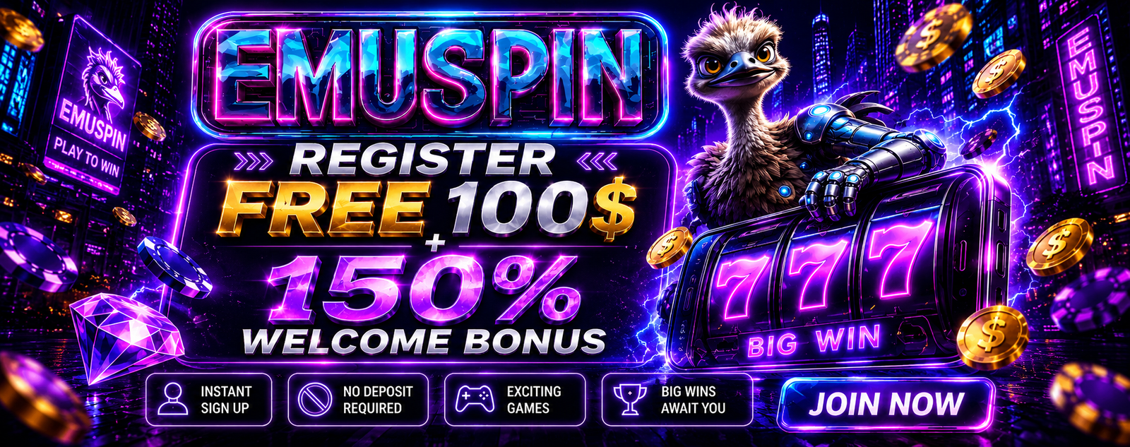 EMUSPIN Free $100 + 150% Welcome Bonus